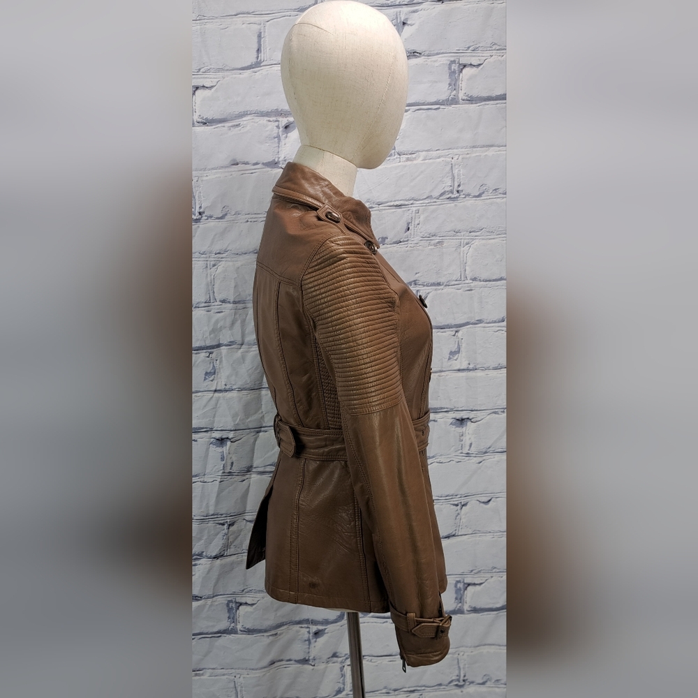 Burberry Women's 100% Calf Leather Moto Jacket Biker Brown Zip Cuffs Size 4 US - Picture 5 of 10